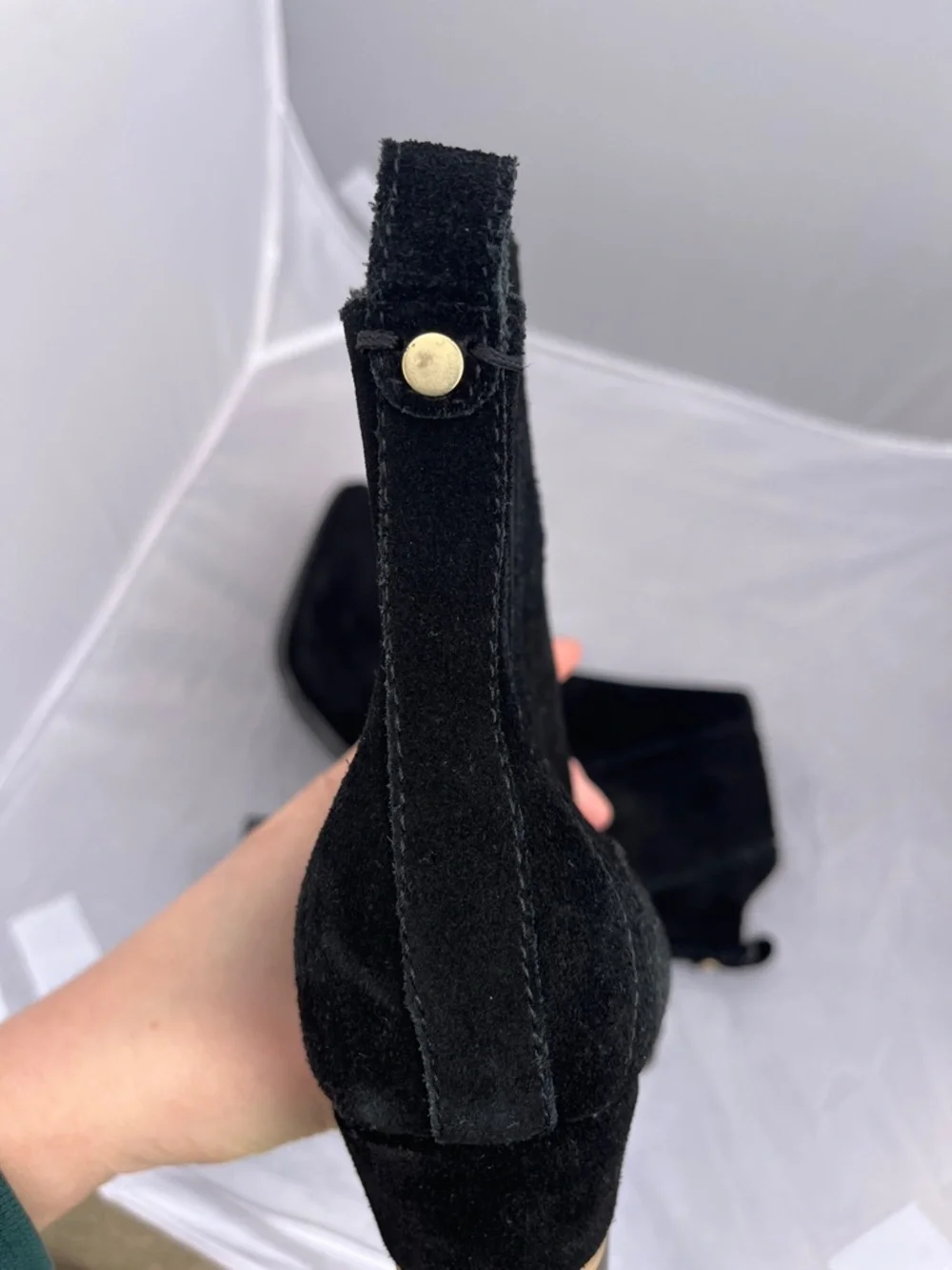Lucca Lane Black Suede Ankle Boots Gold Hardware Accent Heel - Size 7